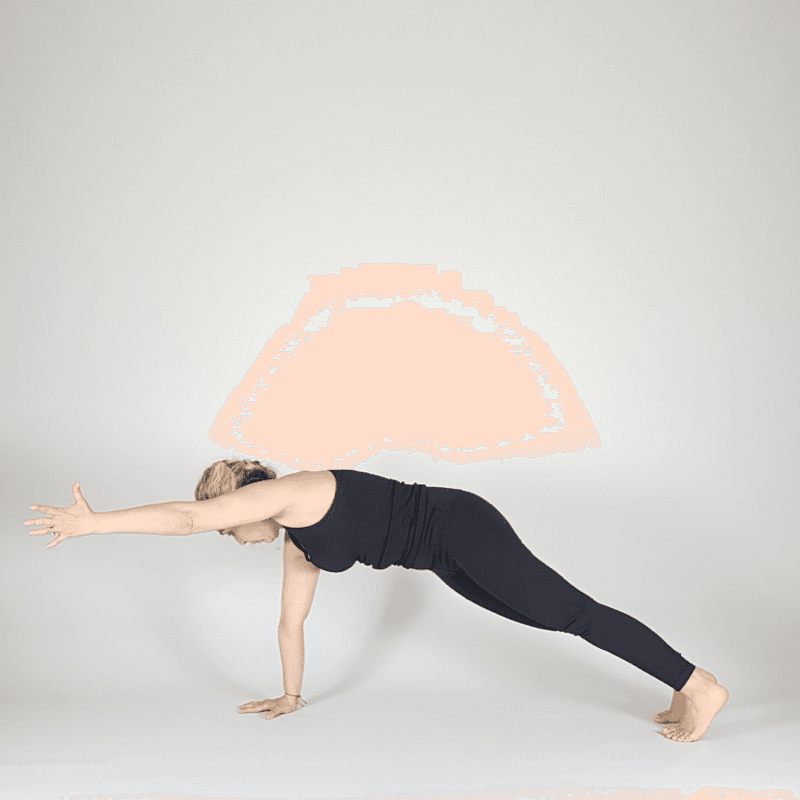 Yoga practitioner reaching arm forward in Plank position