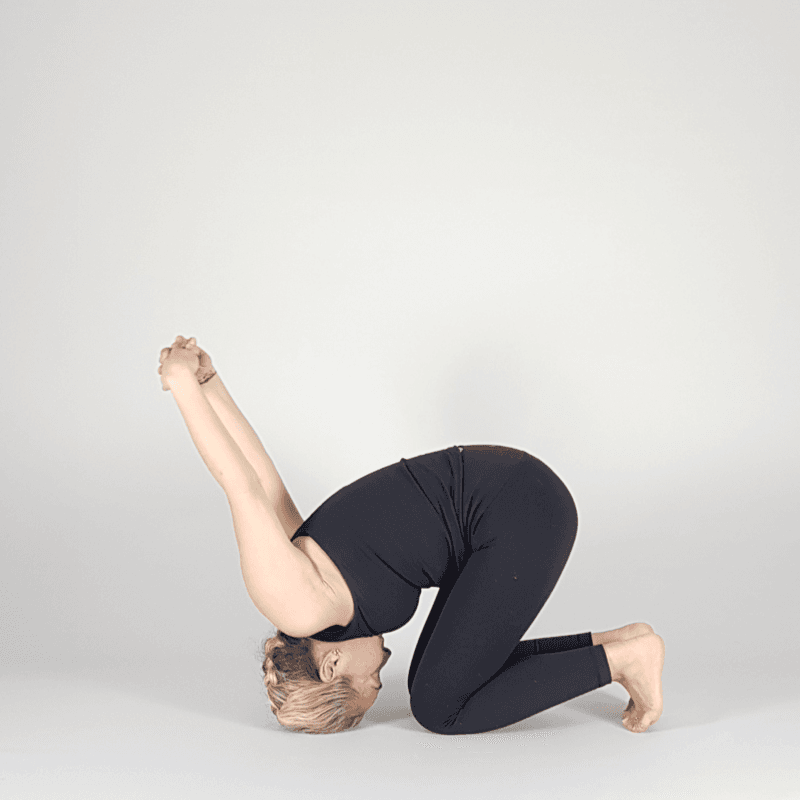 Yoga practitioner in bound child's pose.