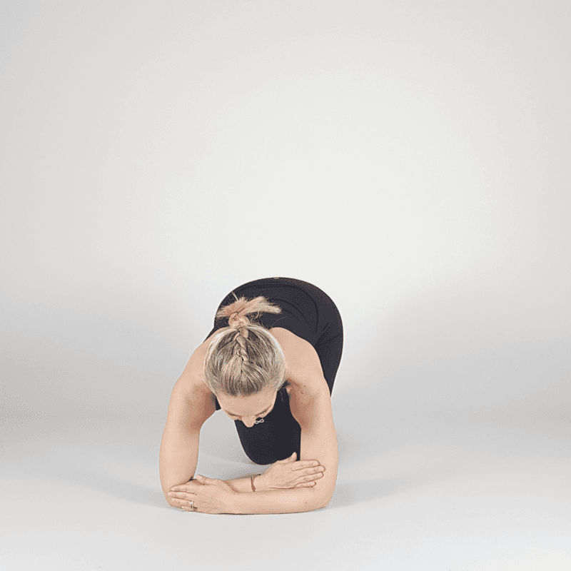 Yoga practitioner holding Dolphin Plank on forearms.
