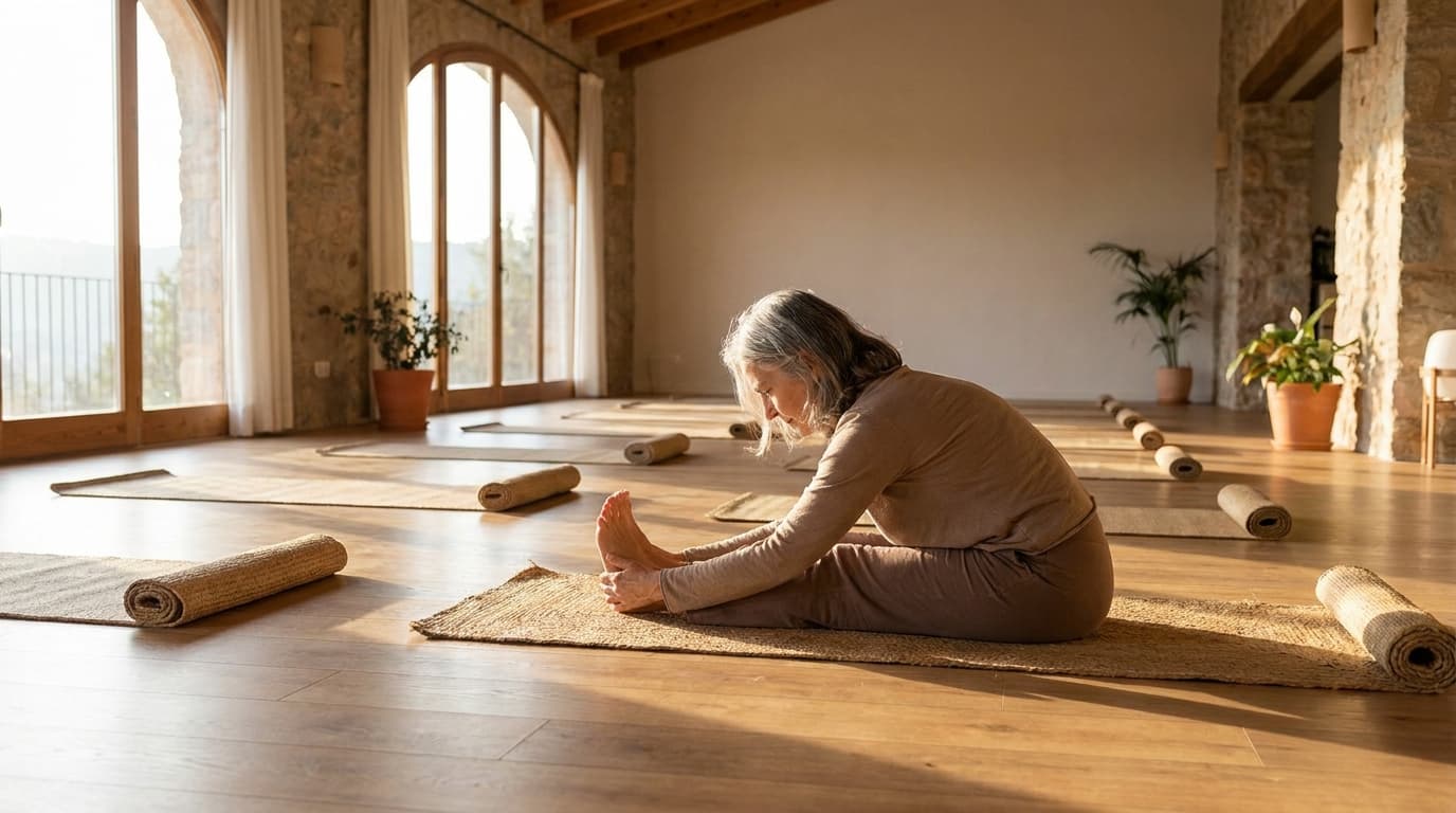 Practitioner in a seated forward fold during an Ashtanga primary series practice in a Mysore-style room