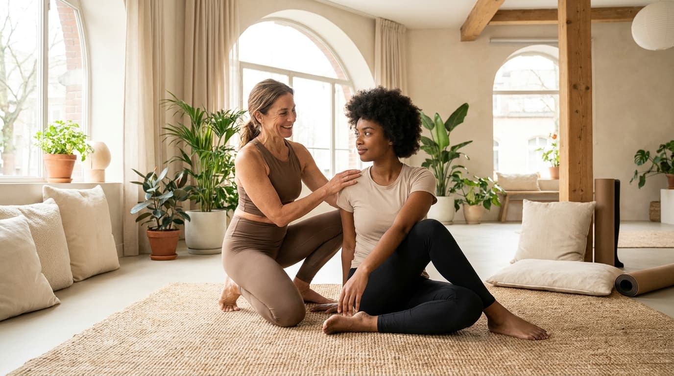 Yoga teacher guiding a beginner student through a simple pose step by step