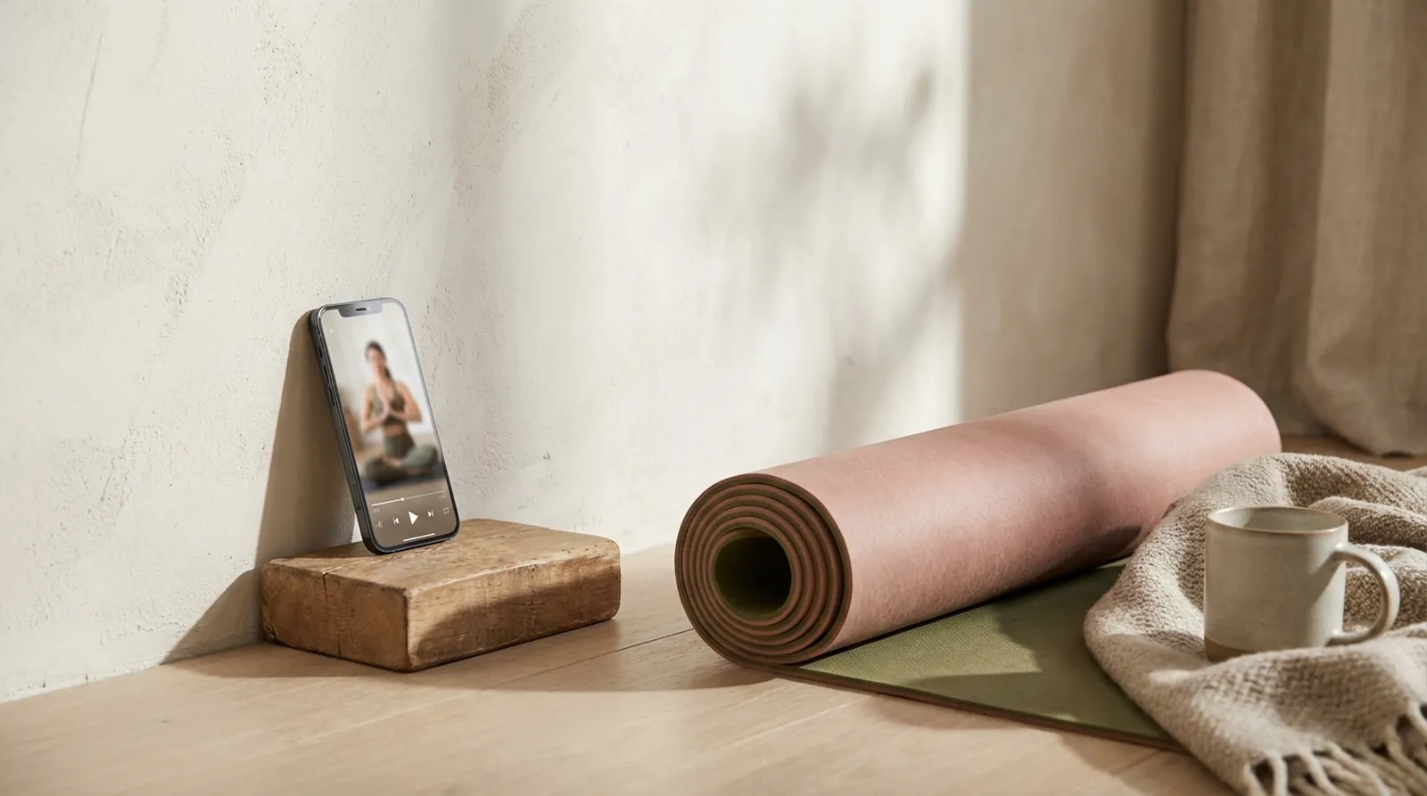 A phone playing a yoga class propped against a wall beside a mat in a simple room