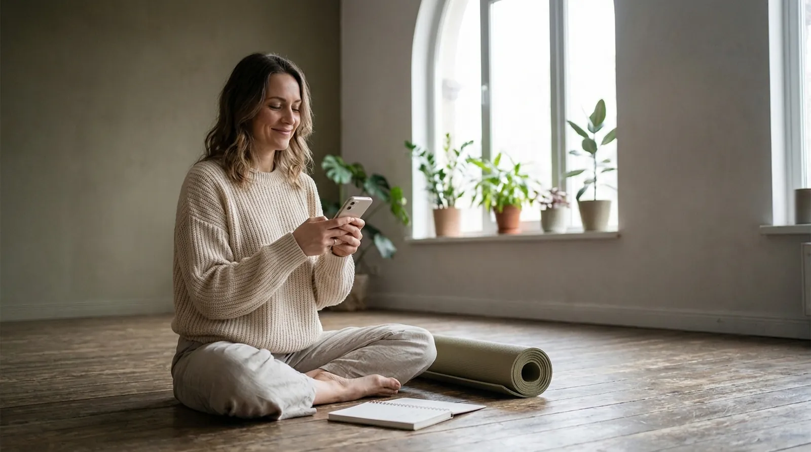 A yoga teacher planning a class on a phone beside a rolled mat in a bright studio