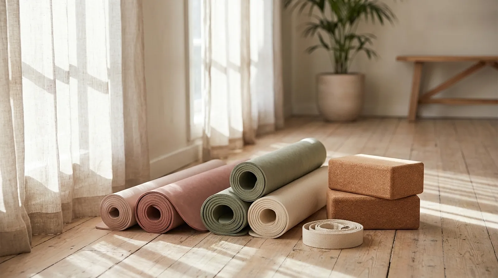 Rolled yoga mats, blocks and a strap arranged on a wooden studio floor