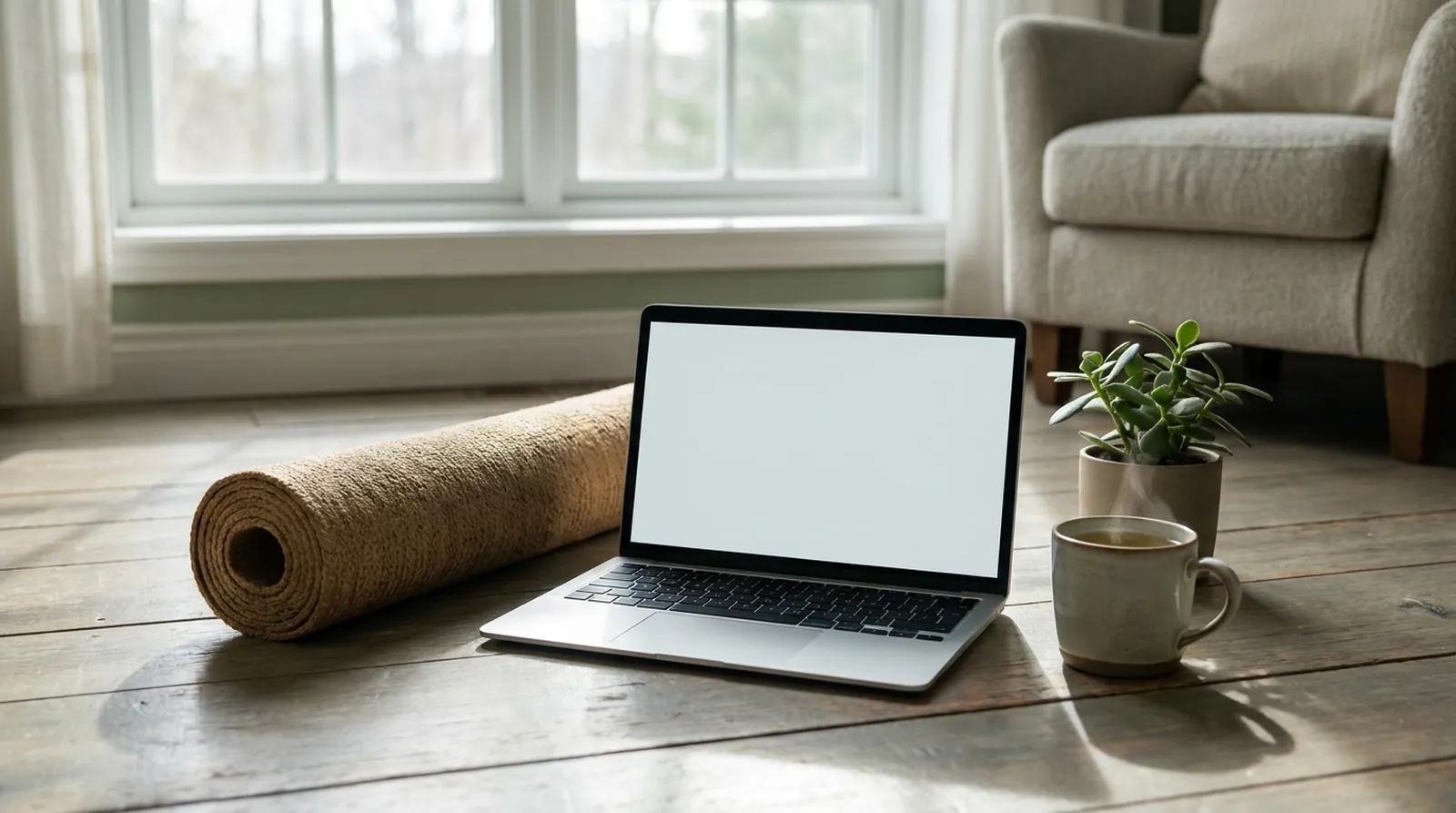 A laptop open on a yoga class beside a rolled mat and a cup of tea in a sunlit room