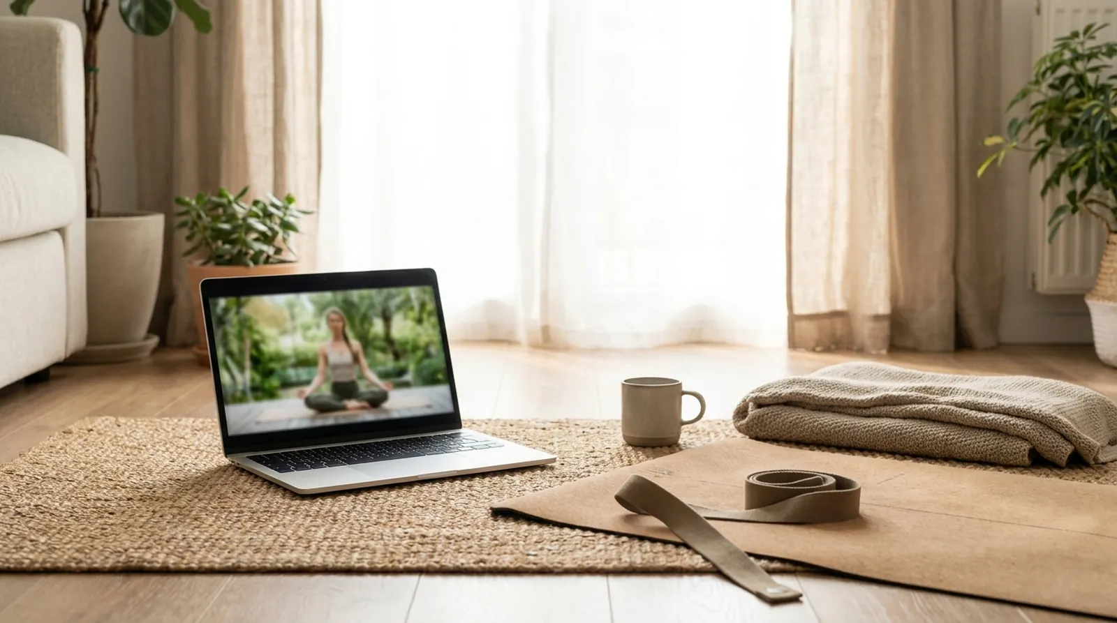A laptop playing a yoga class on the floor of a sunlit living room beside a mat