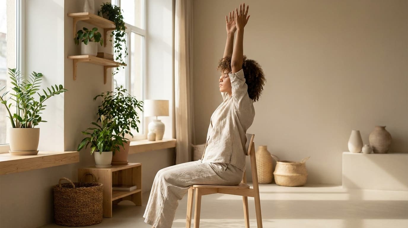 Person practising chair yoga with arms reaching overhead on a wooden chair in a bright room