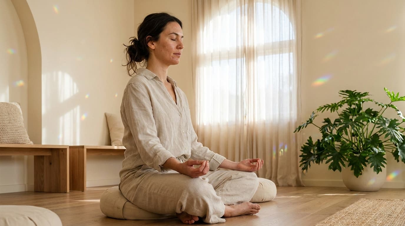 Woman meditating cross-legged in soft rainbow light during a seven-day chakra balancing yoga plan
