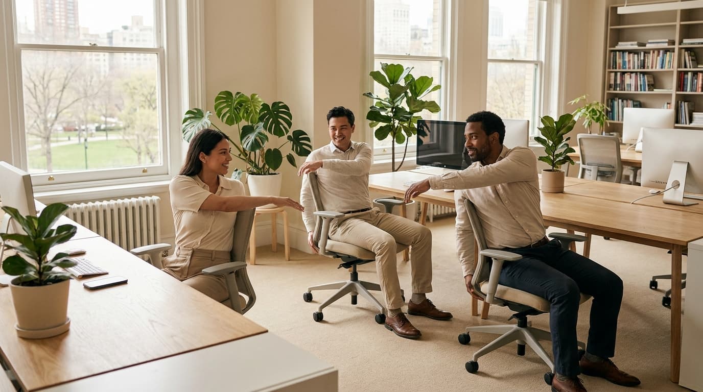 Office colleagues doing gentle seated yoga stretches at their desks during a corporate wellness session