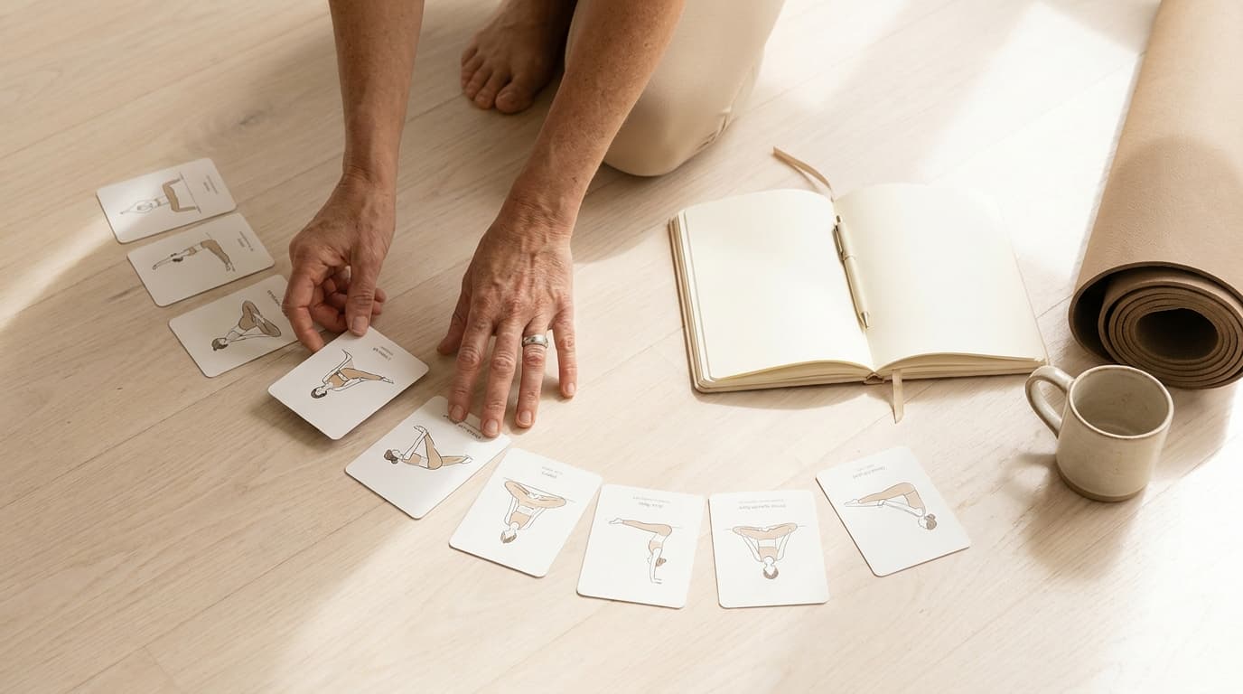 Yoga teacher arranging pose cards into an ordered class sequence on a studio floor