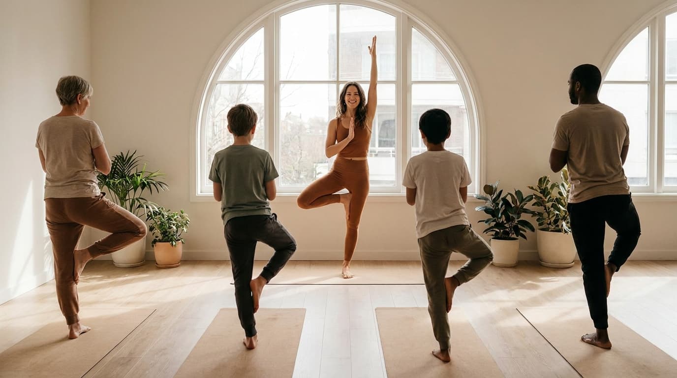 Yoga teacher demonstrating a pose at the front of a small class of students on mats