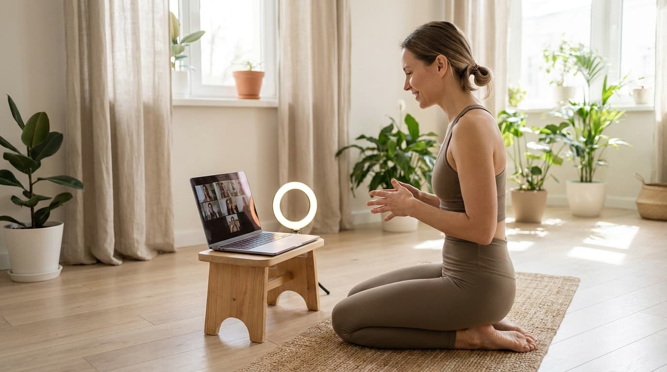 Yoga teacher teaching a live online class to a laptop and ring light from her home studio