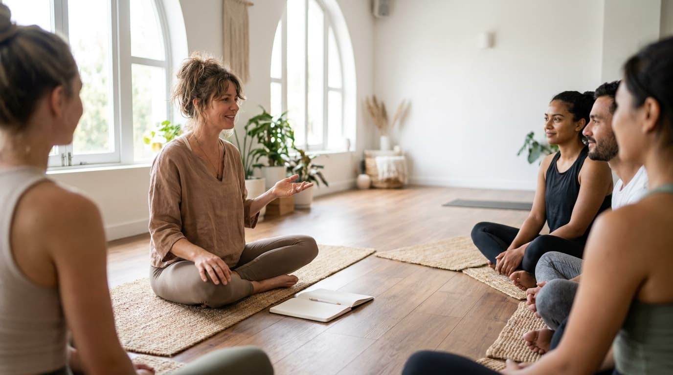 Yoga teacher setting the theme and intention at the start of class while students listen