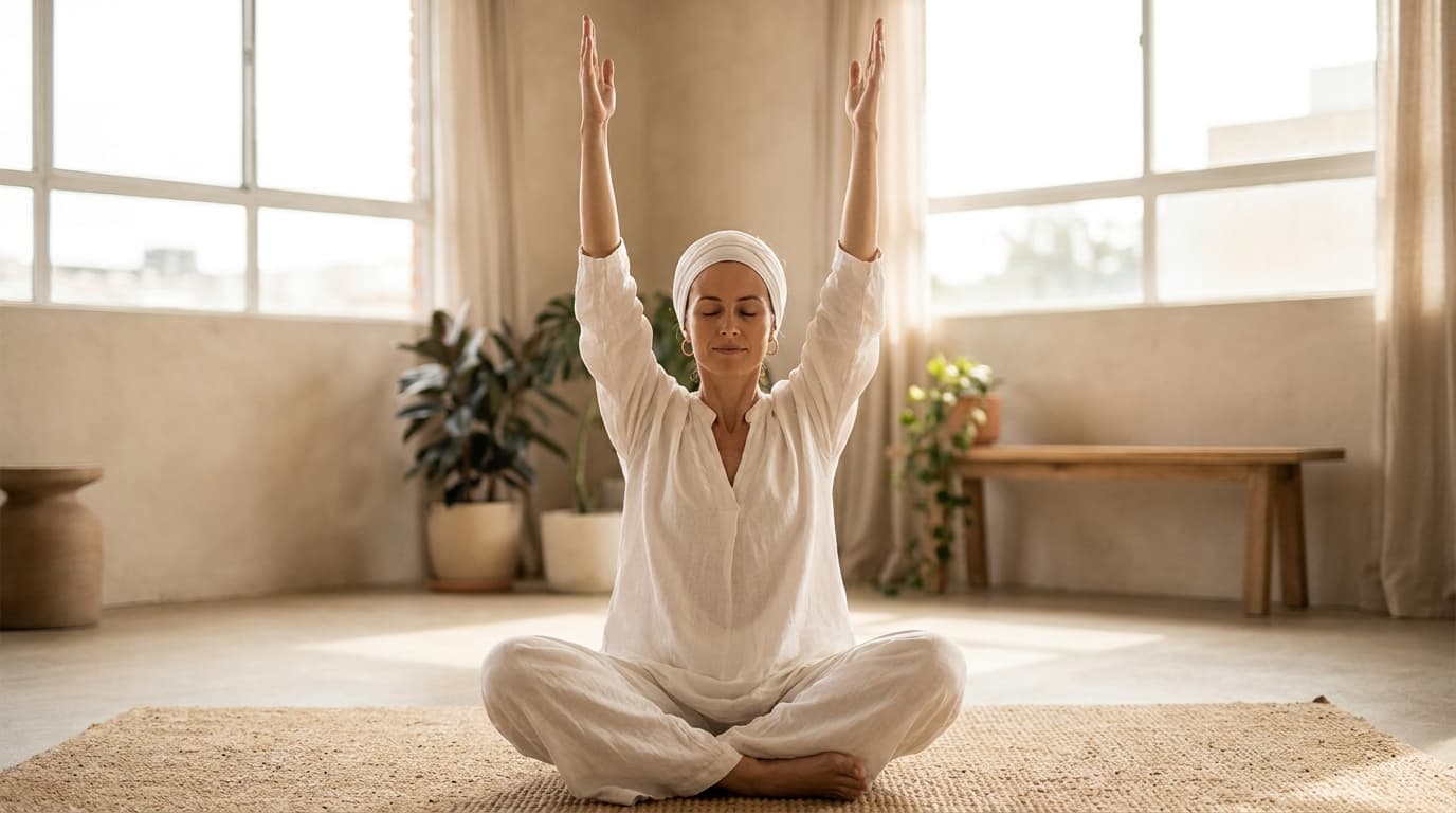 Woman in white practising a kundalini yoga kriya with arms raised overhead