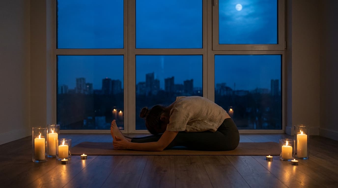 Woman practising a calm evening yoga sequence by moonlight for a lunar phase practice