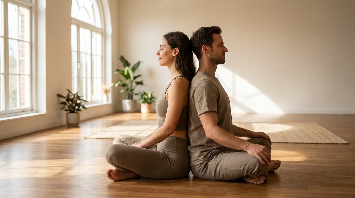 Two people practising partner yoga seated back to back in a bright sunlit studio
