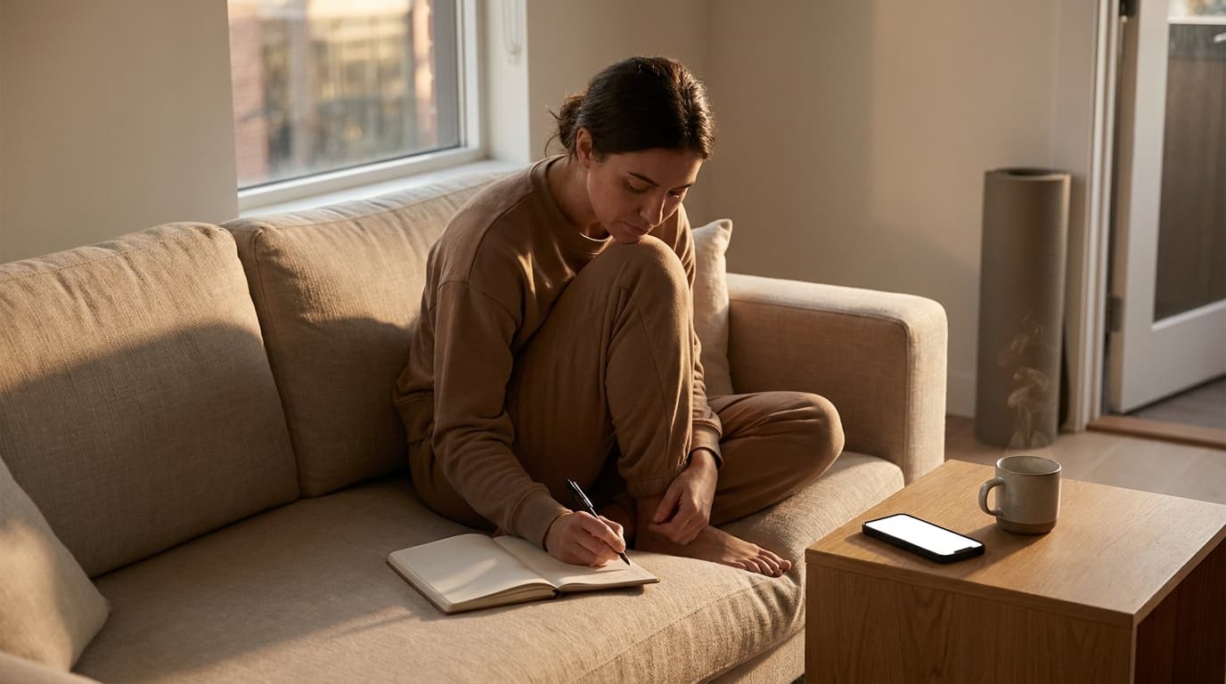 Yoga teacher quickly sketching a class plan in a notebook with her phone and tea