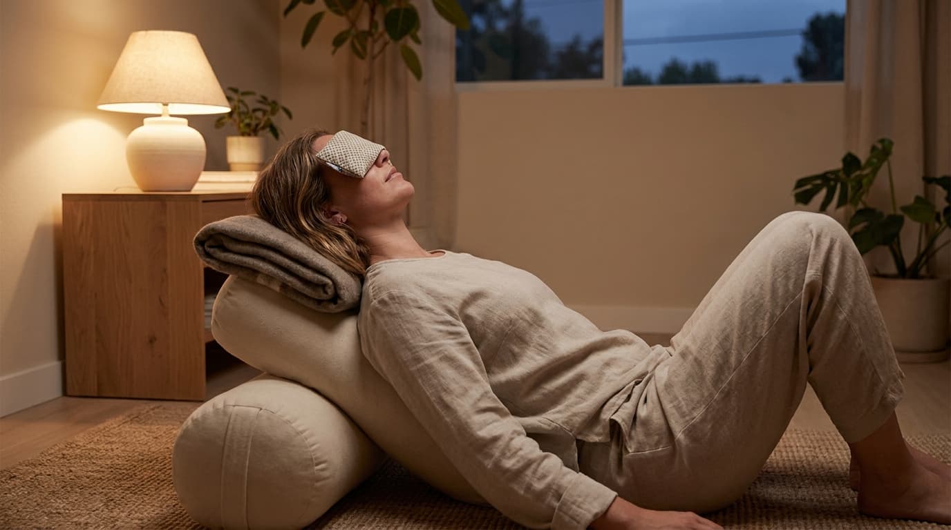 Woman resting in a supported restorative yoga pose over a bolster for better sleep