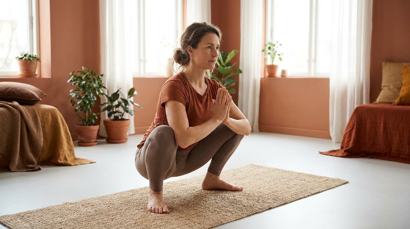 Woman in a grounding malasana squat for a root chakra yoga sequence in a warm earthy studio