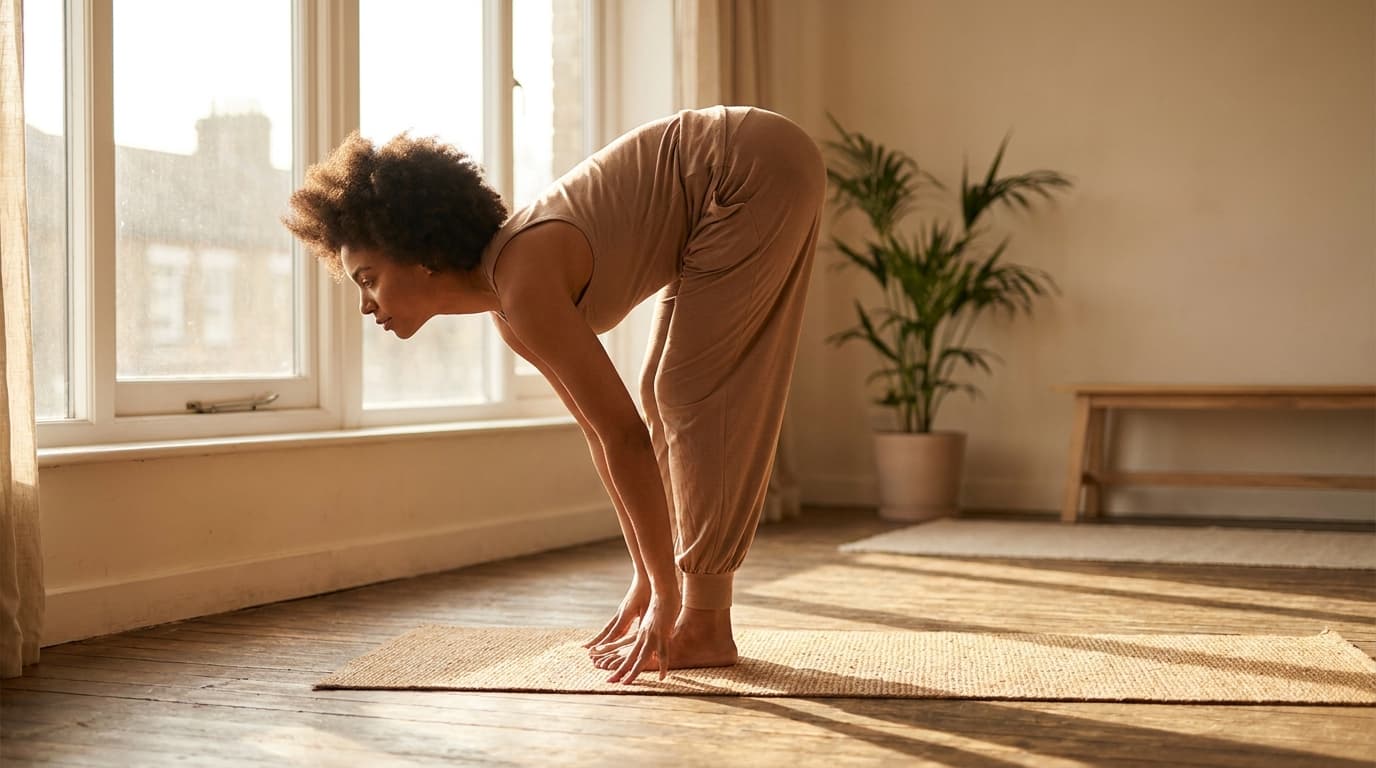 Woman in a standing forward fold mid sun salutation sequence in golden morning light