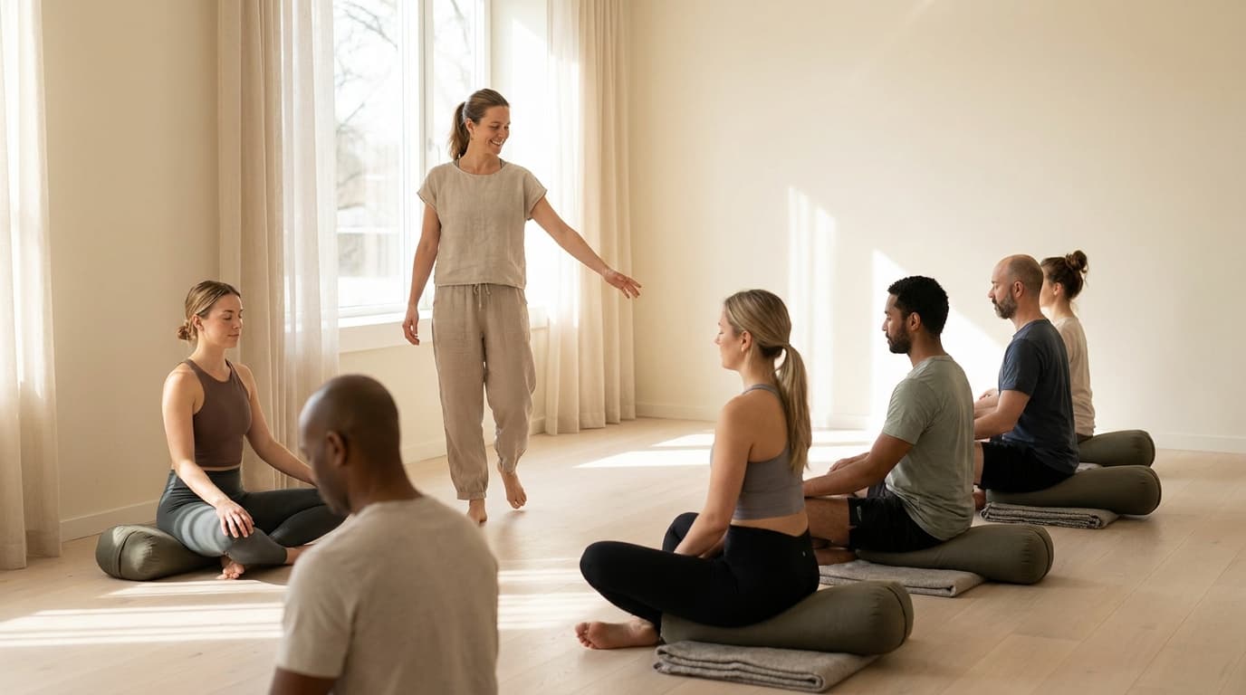 Yoga teacher offering a verbal cue from a respectful distance in a trauma-informed class