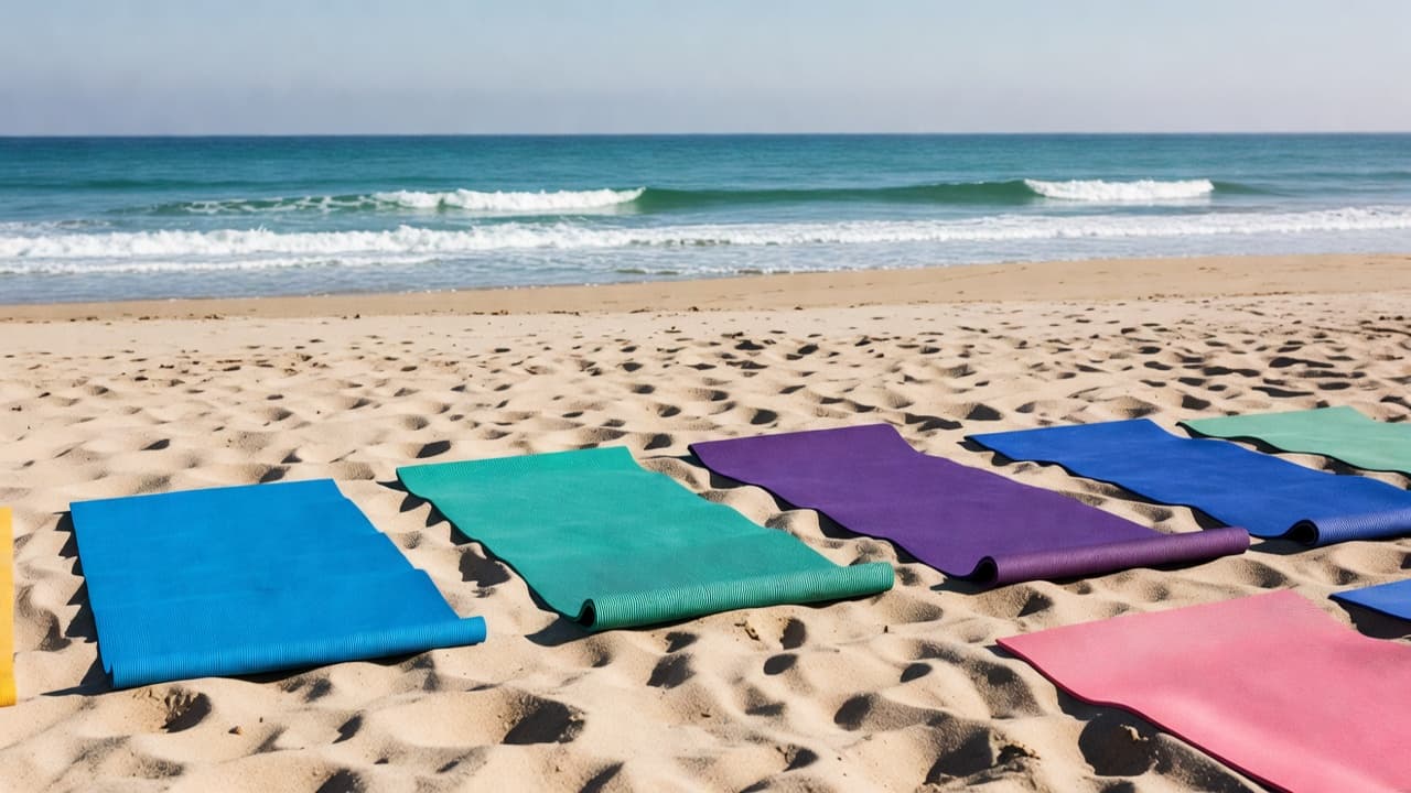 Travel yoga mats folded into a backpack on an airport bench