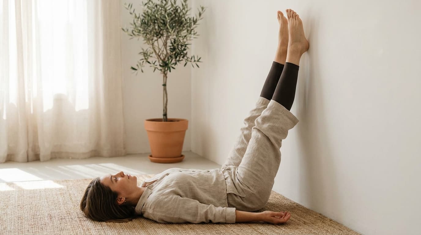 Woman practising legs-up-the-wall pose during a restorative wall yoga sequence