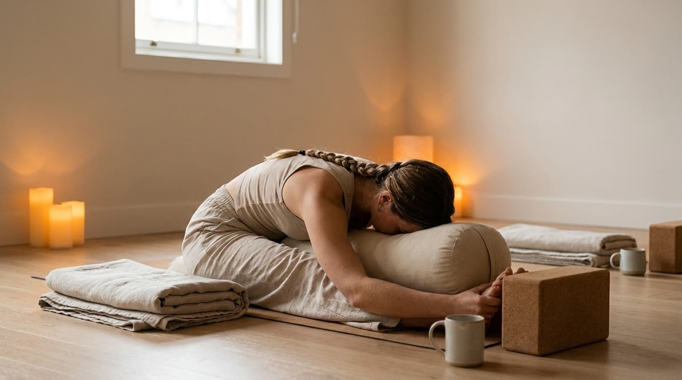 Woman in a long-held supported yin yoga forward fold resting over a bolster