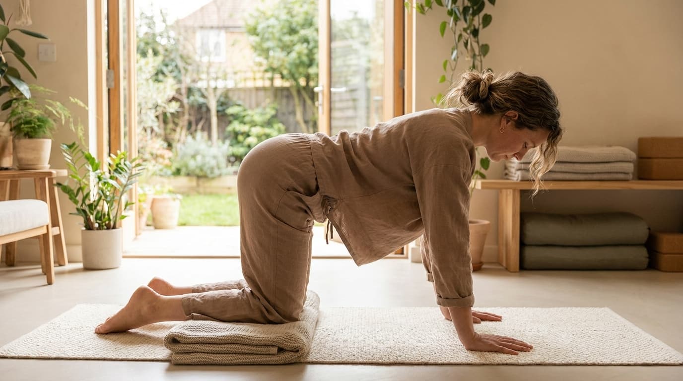 Woman moving through gentle cat-cow on hands and knees to ease lower back pain
