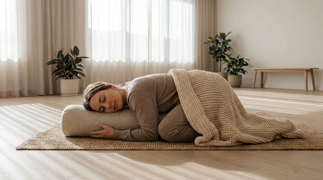 Woman resting in supported child's pose over a bolster to lower stress and cortisol