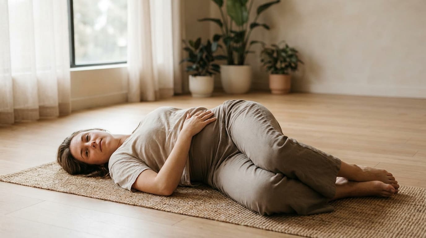 Woman in a gentle supine spinal twist with a hand on her abdomen to support digestion