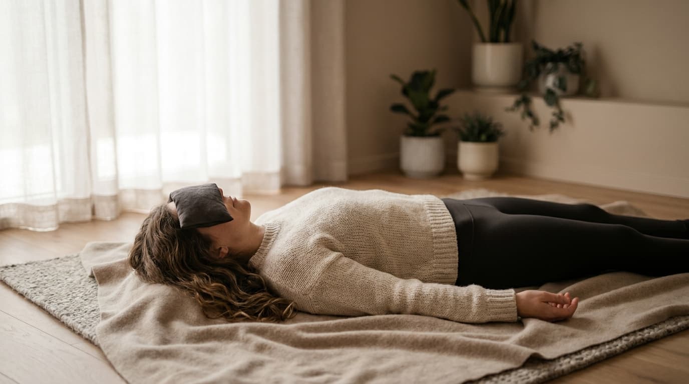 Woman resting with an eye pillow in a dim room during a yoga sequence for headaches