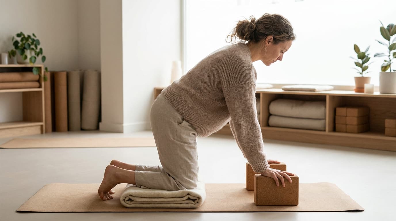 Woman kneeling with a folded blanket cushioning her knees in a knee-safe yoga modification