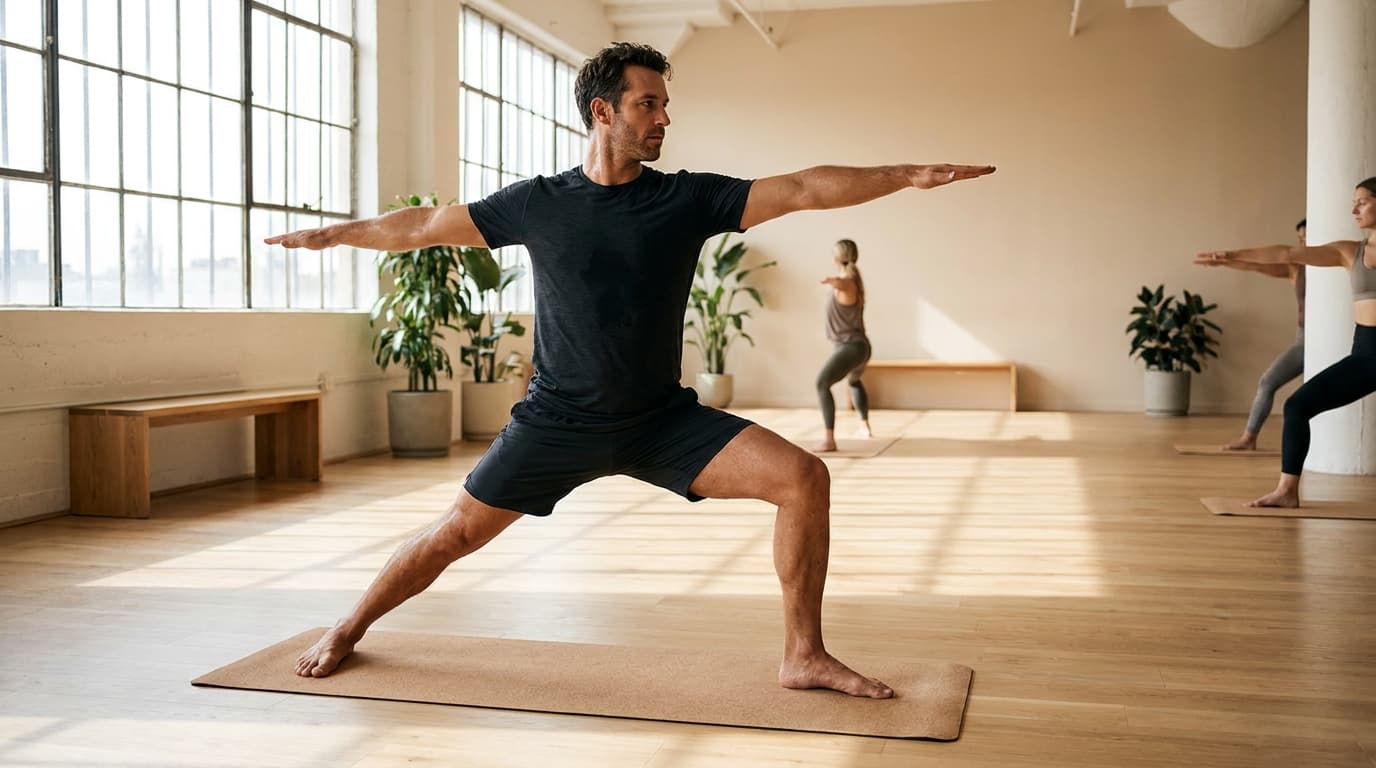 Athletic man holding warrior two pose during a strength and flexibility yoga practice