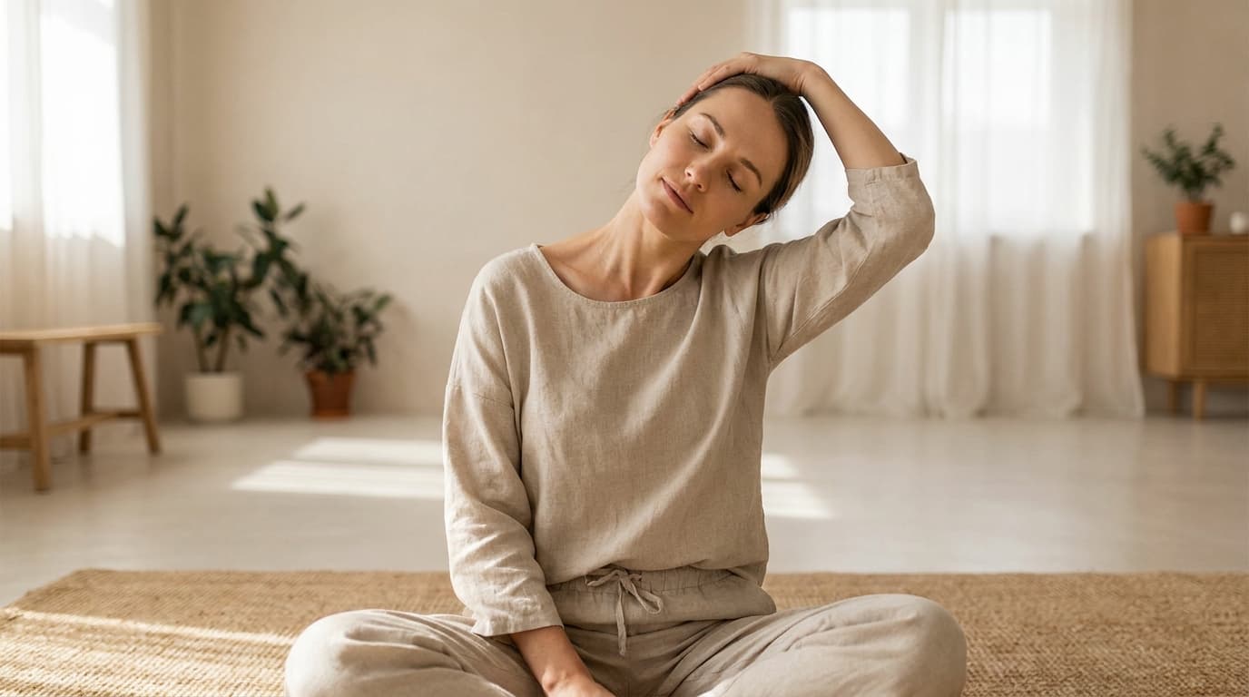 Woman doing a seated side neck stretch to relieve neck and shoulder pain