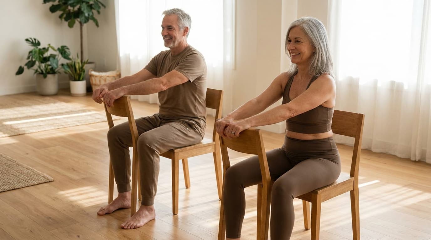 Two smiling seniors practising gentle chair-supported yoga side by side