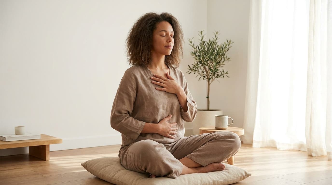 Woman sitting cross-legged with hands on heart and belly practising calming yoga for stress and anxiety