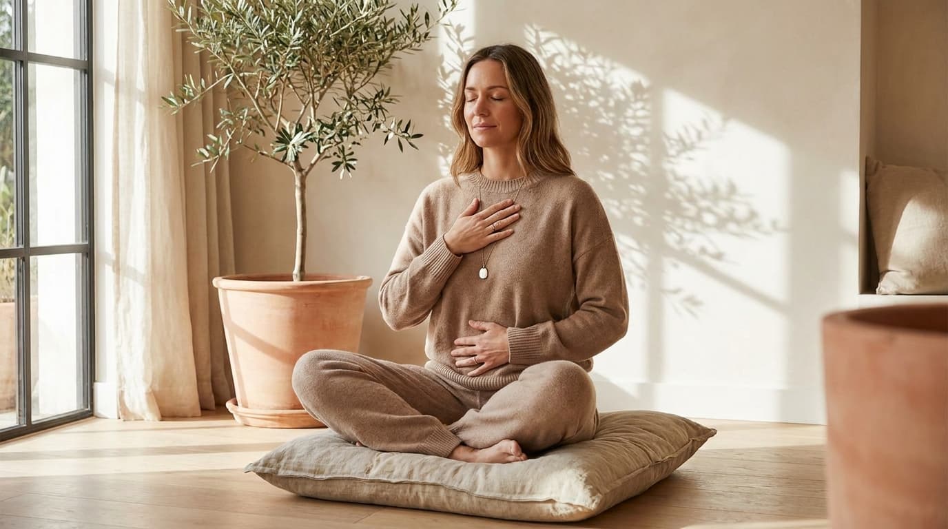 Woman practising slow deep breathing with hands on chest and belly to stimulate the vagus nerve