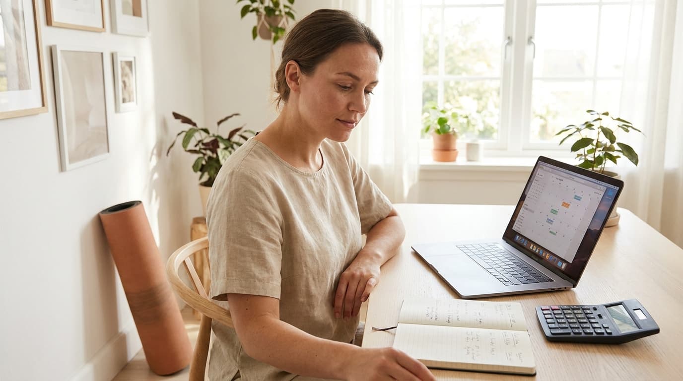 Yoga teacher reviewing her class schedule and income on a laptop in a bright home office