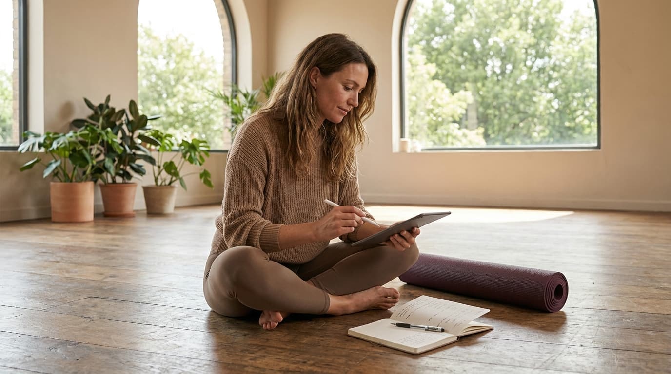 Yoga teacher planning a class sequence on a tablet in a sunlit studio with a rolled mat and notebook