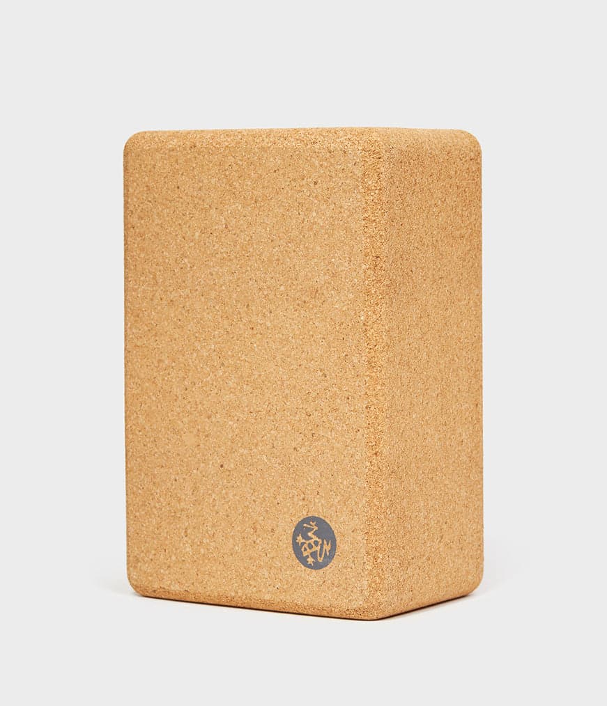 Manduka cork yoga block — Portuguese cork, 9 × 6 × 4 inches, debossed logo
