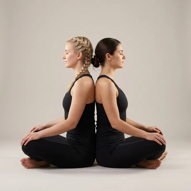 Two women sitting cross-legged back to back for partner breathing, spines touching and eyes closed