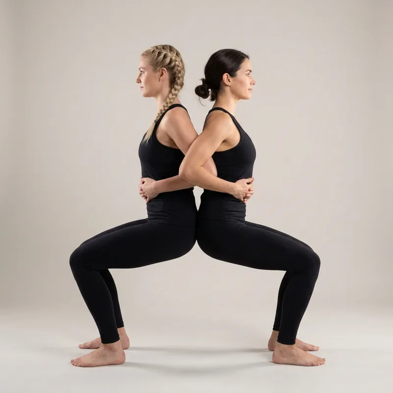 Two people in double chair pose back to back, arms linked and thighs parallel to the floor